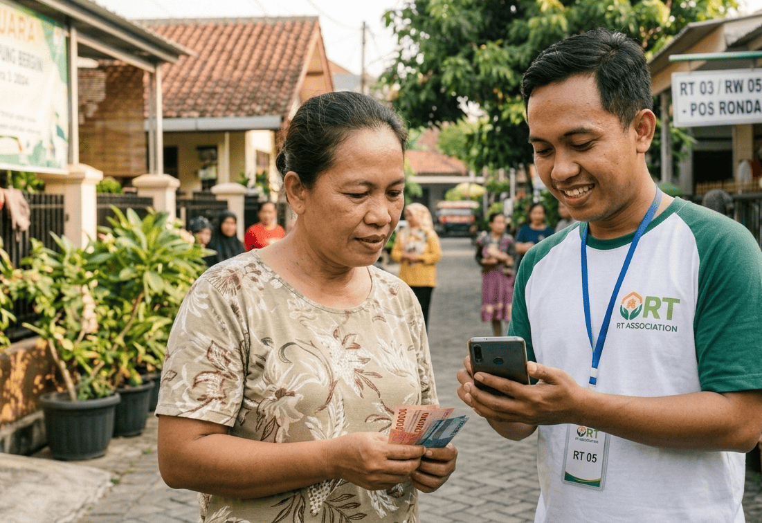Petugas RT mencatat pembayaran iuran tunai langsung di lingkungan