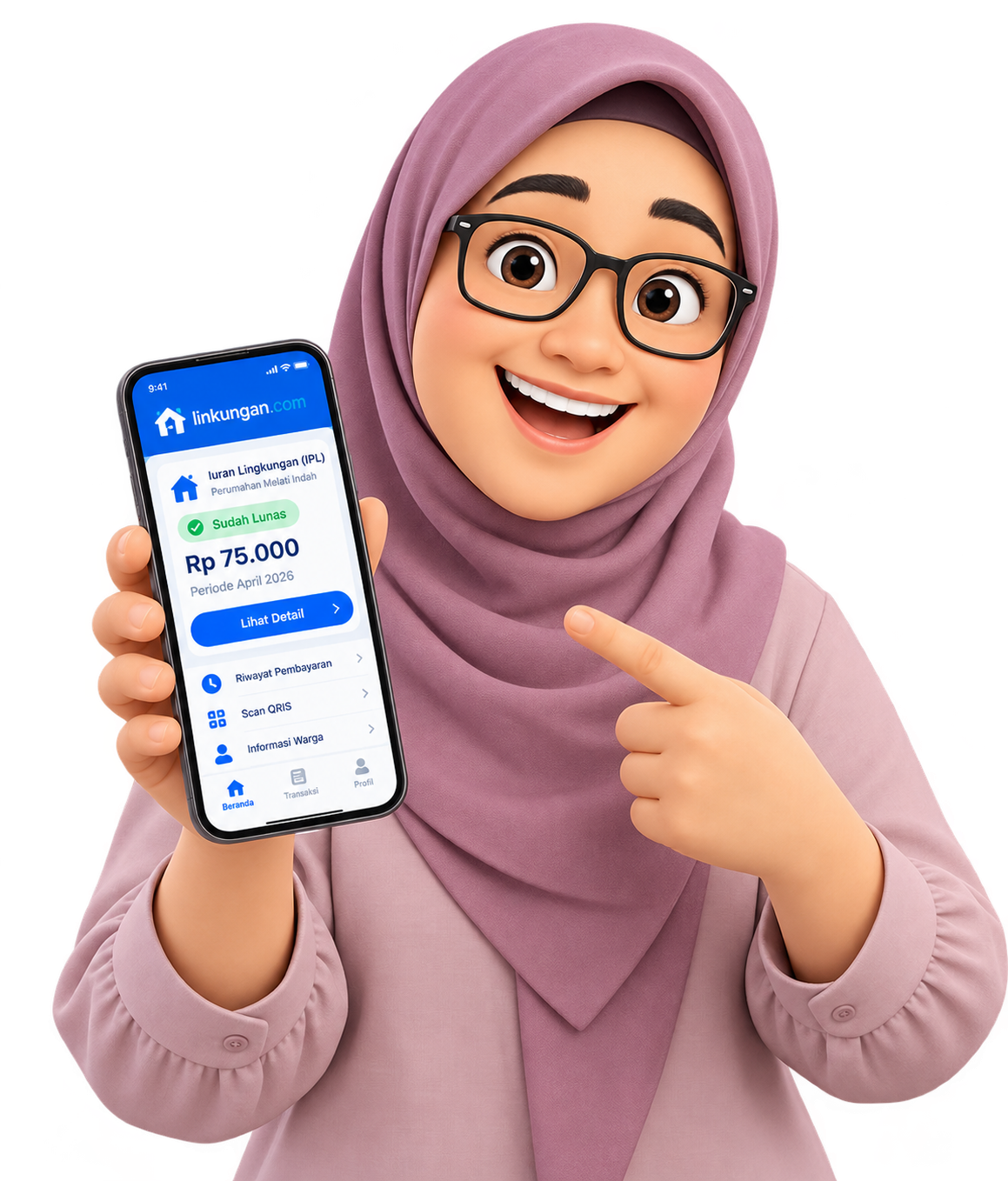 Ibu warga perumahan tersenyum menunjukkan bukti pembayaran IPL lunas di aplikasi Linkungan
